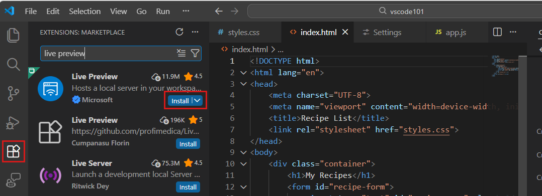 Screenshot that shows the Extensions view, highlighting the Extensions icon in the Activity Bar.
