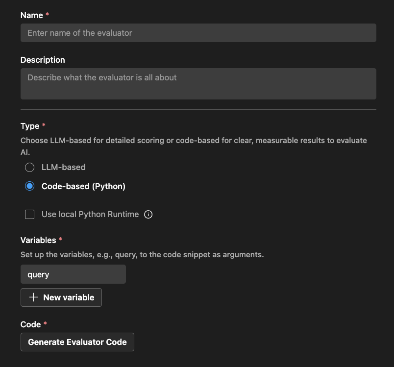 Screenshot showing the Evaluators tab in Foundry Toolkit with options for creating code-based evaluators.