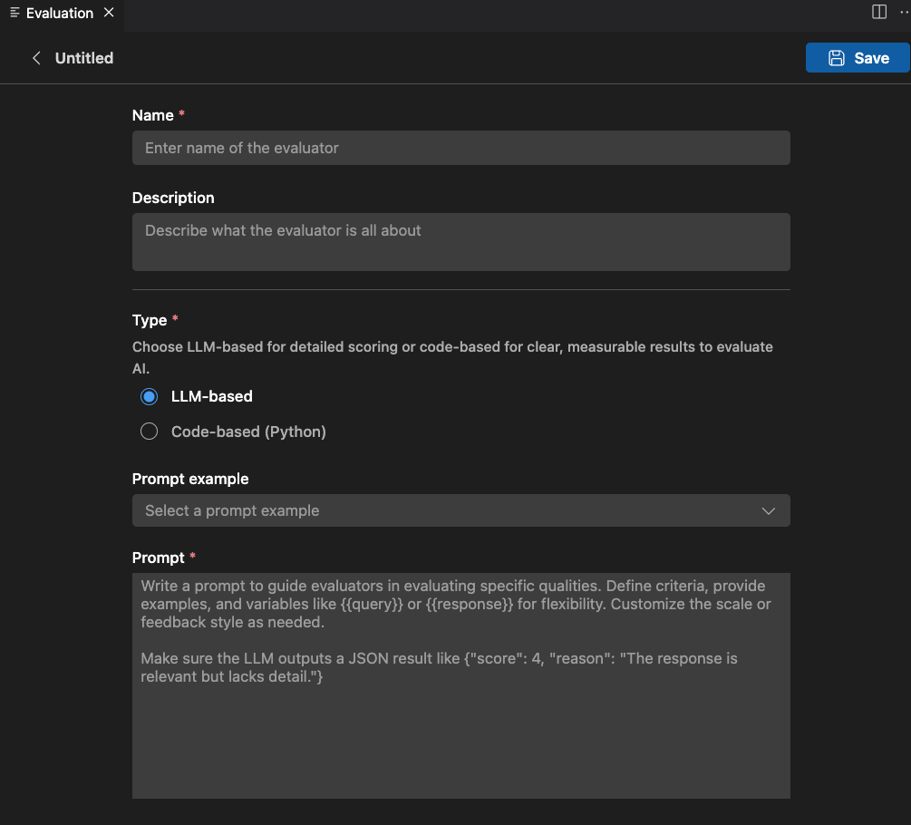 Screenshot showing the form to create a new custom evaluator.