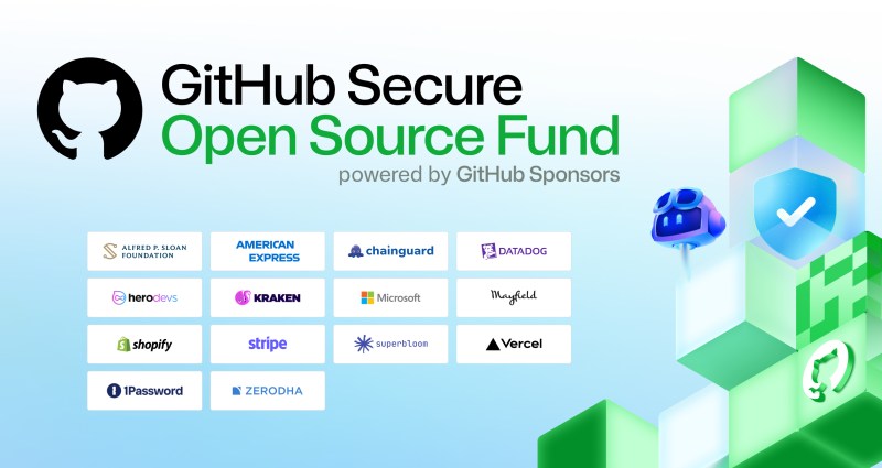 A decorative header image showing GitHub Secure Open Source Fund, powered by GitHub Sponsors. Logos below are: Alfred P. Sloan Foundation, American Express, chainguard, Datadog, herdevs, Kraken, Microsoft, Mayfield, Shopify, stripe, superbloom, Vercel, 1Password, Zerodha